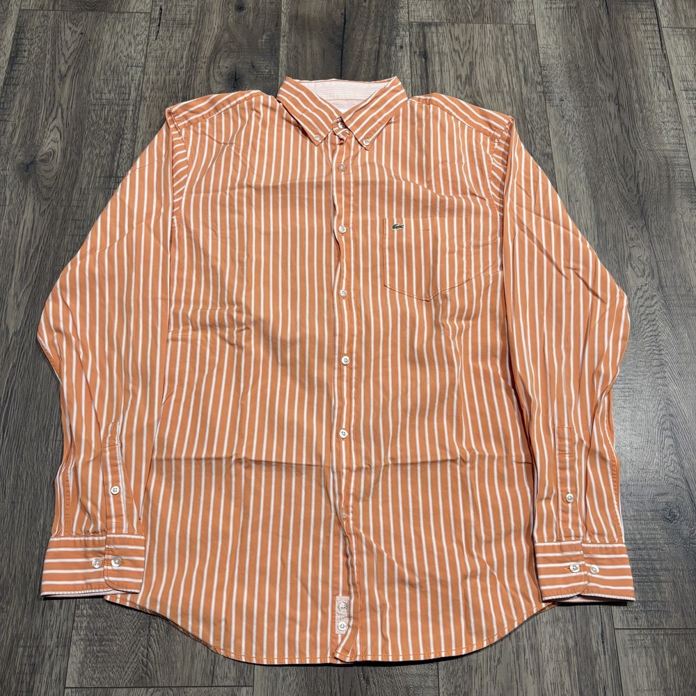 Lacoste Shirt Mens Medium Orange White Striped Button Down Long Sleeve Casual